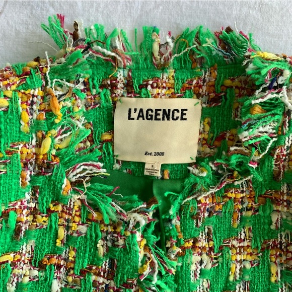 L’agence Angelina Tweed Open Front Pocket Blazer Suit Jacket Green Houndstooth - Picture 4 of 8